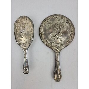 Vintage Vanity Set:‎ Heavy Cherub Handheld Mirror And Brush Antique Design